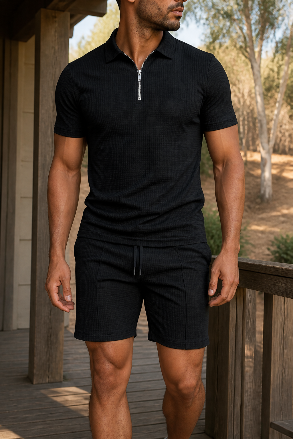 Man wearing the black waffle knit zip collar polo set