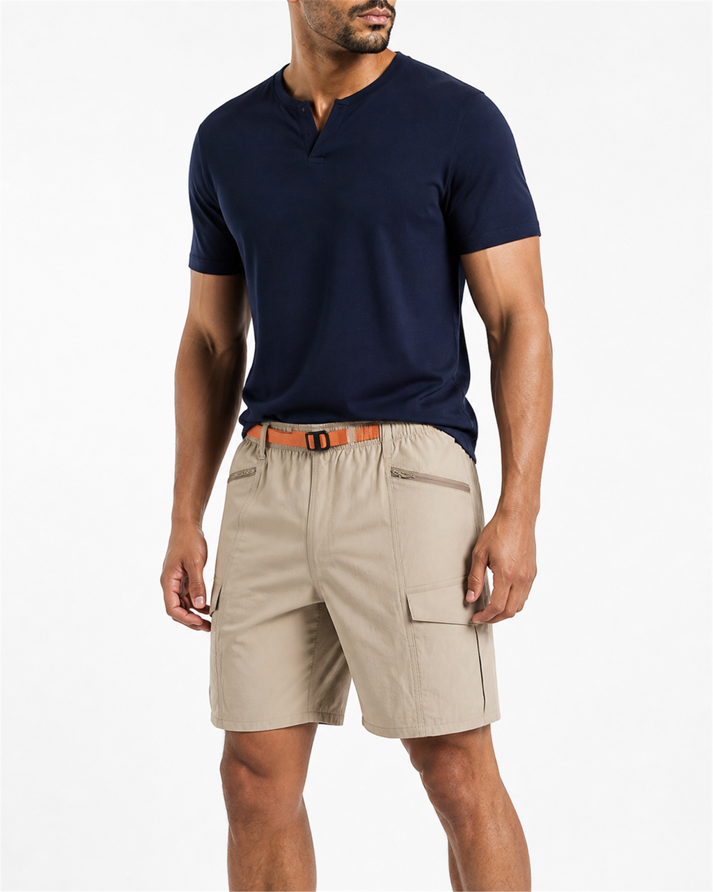 MANLY Oversized Cargo Shorts — model wearing Light Sand