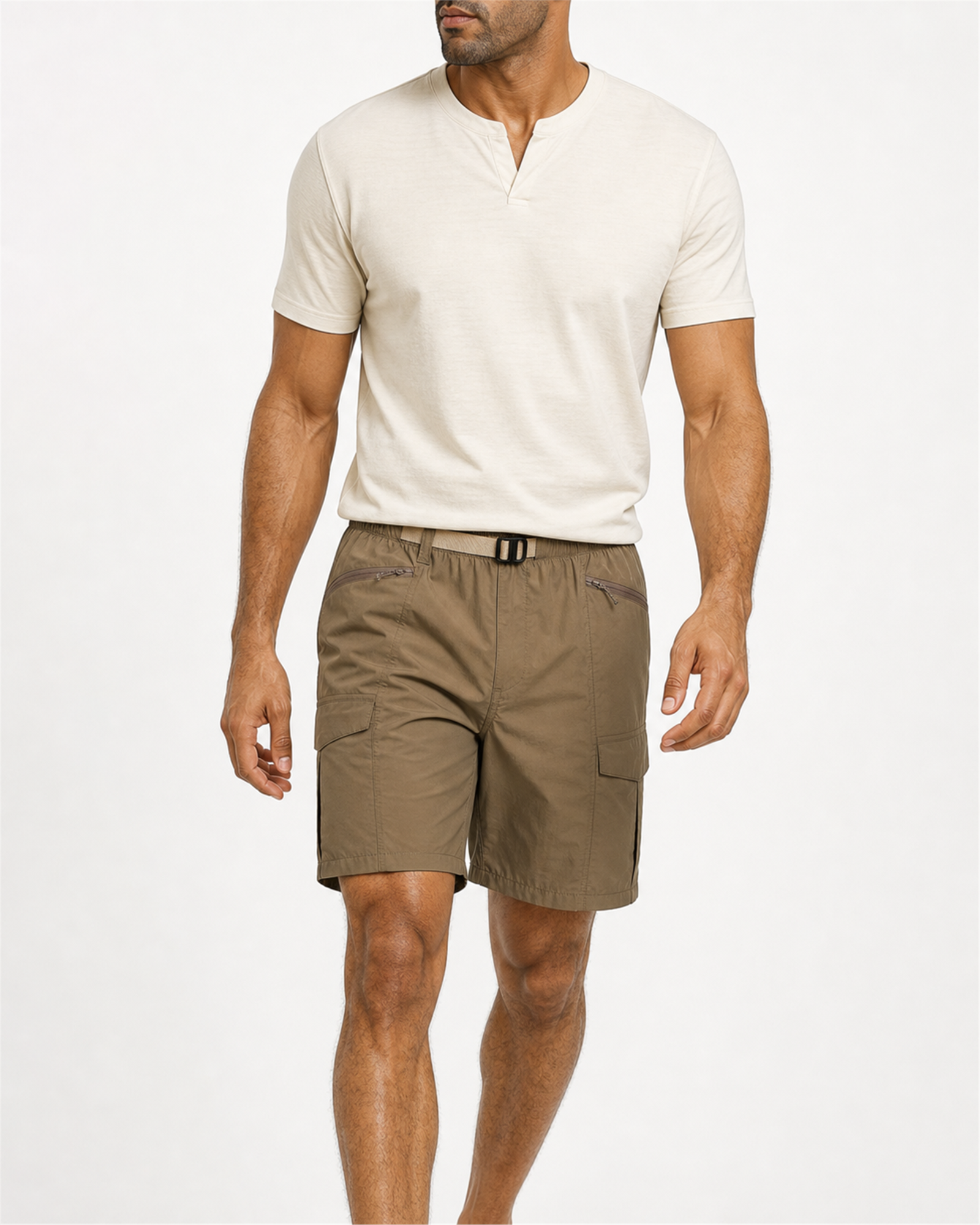 MANLY Oversized Cargo Shorts — model wearing Taupe Brown