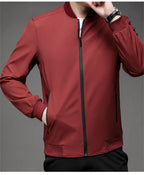 Red men's baseball collar jacket zipped, front view showing the zip pockets
