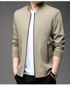 Khaki men's baseball collar jacket worn open over a white tee