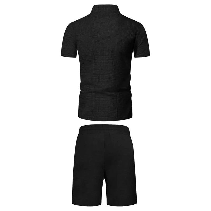 Zip Collar Polo Set in Black — waffle knit, product photo