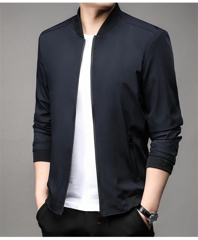 Navy blue men's baseball collar jacket zipped, front view