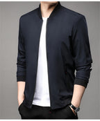 Navy blue men's baseball collar jacket zipped, front view