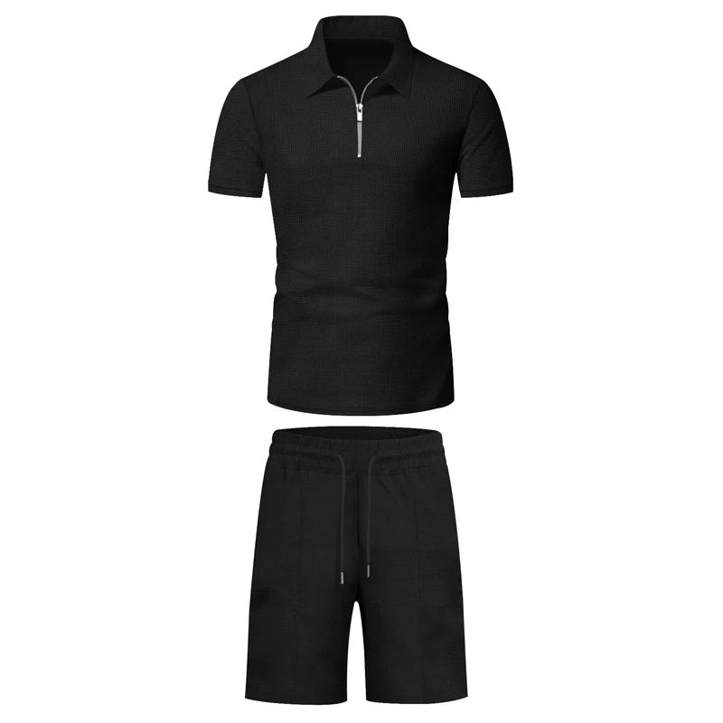 Zip Collar Polo Set in Black — waffle knit, product photo