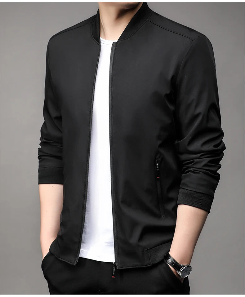 Black men's baseball collar jacket zipped, front view
