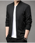 Black men's baseball collar jacket zipped, front view