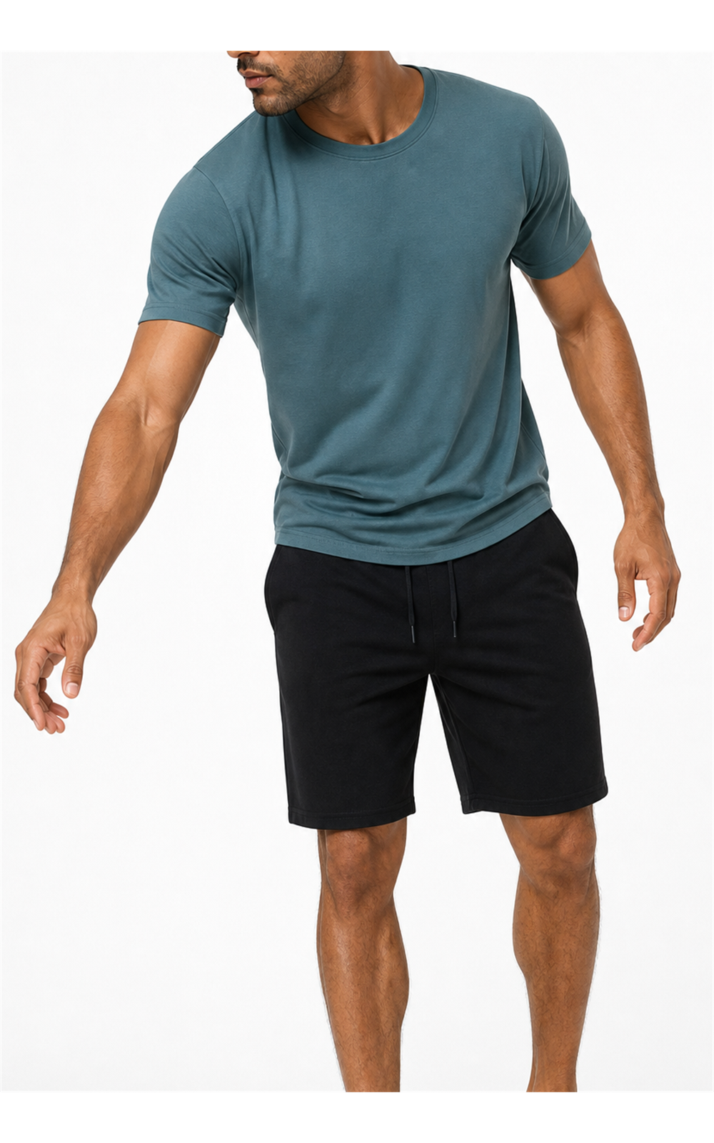 Model in teal tee wearing black knit lounge shorts