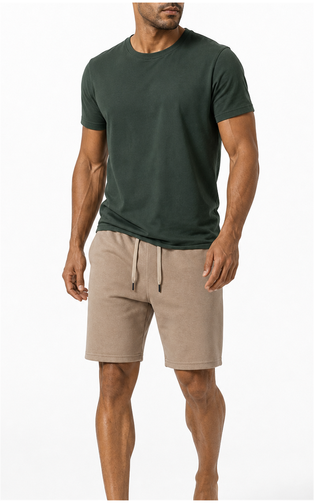 Man in green tee wearing tan knit lounge shorts with drawcord