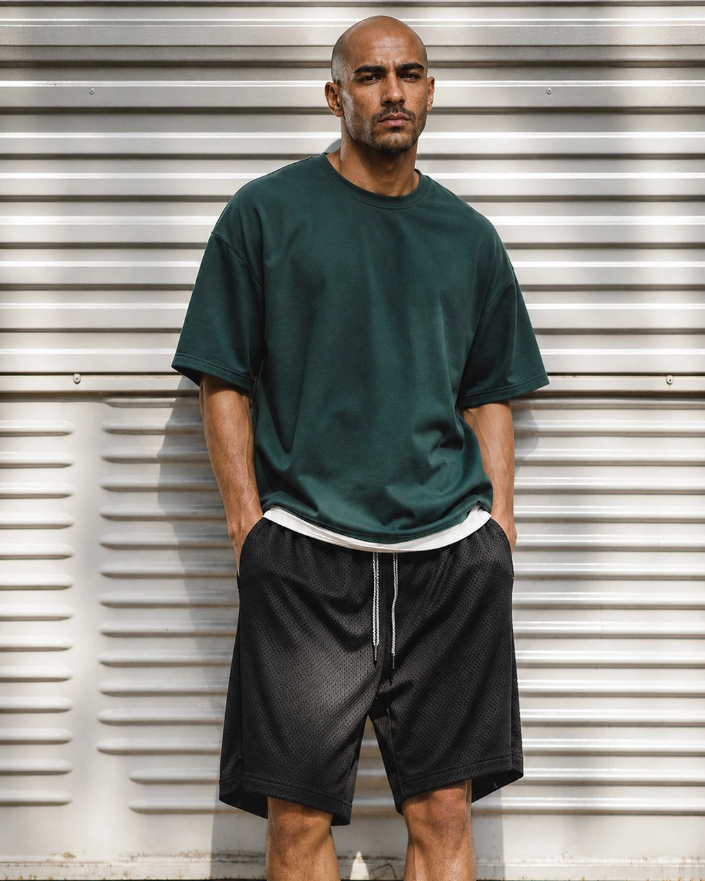 Man in green tee and black mesh shorts by metal shutter — front