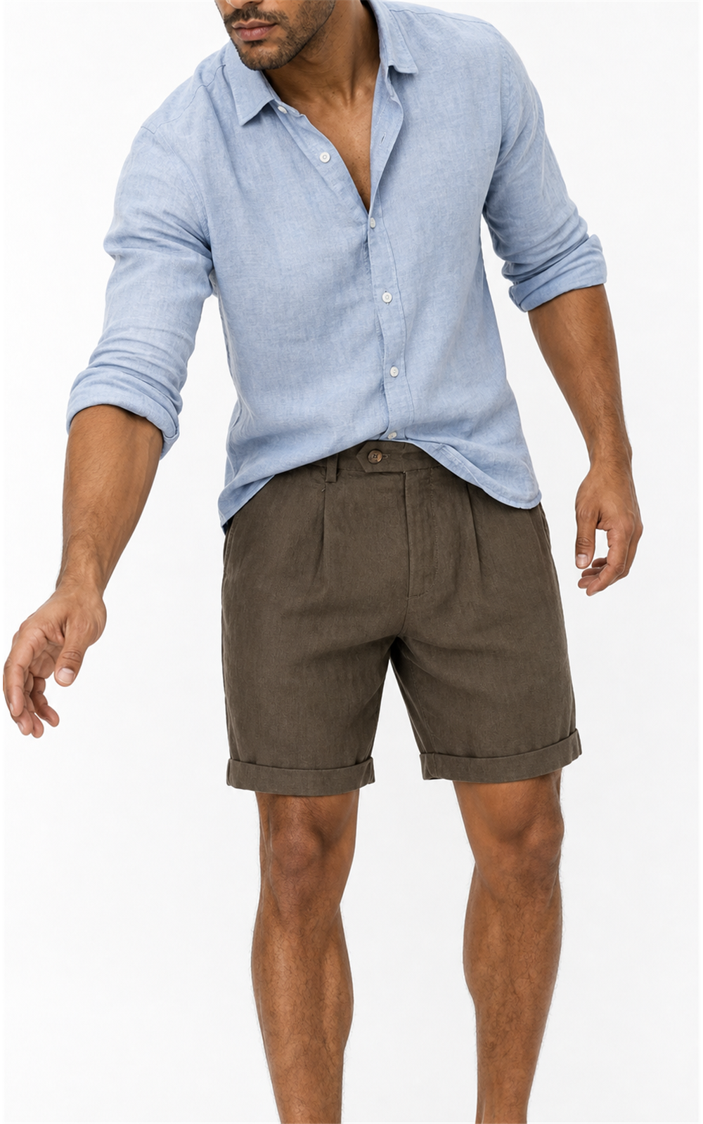 Man in light blue linen shirt wearing coffee pleated linen blend shorts