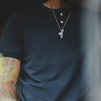 Close-up of the navy blue henley placket and neckline