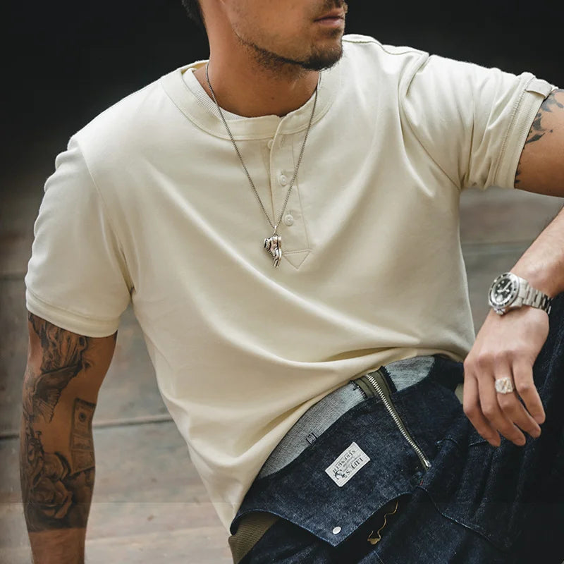 Man wearing the almond white henley, casual styling
