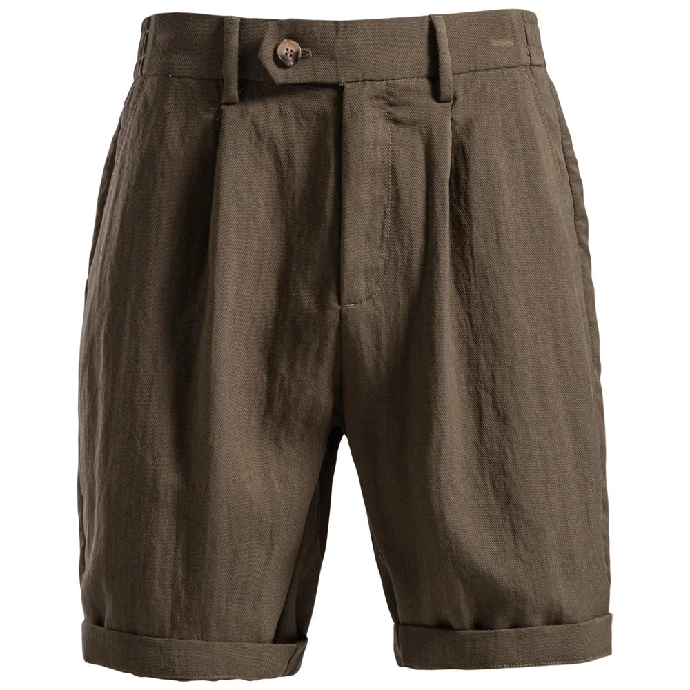 Coffee pleated shorts flat front with tab waistband and cuffed hems