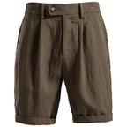 Coffee pleated shorts flat front with tab waistband and cuffed hems