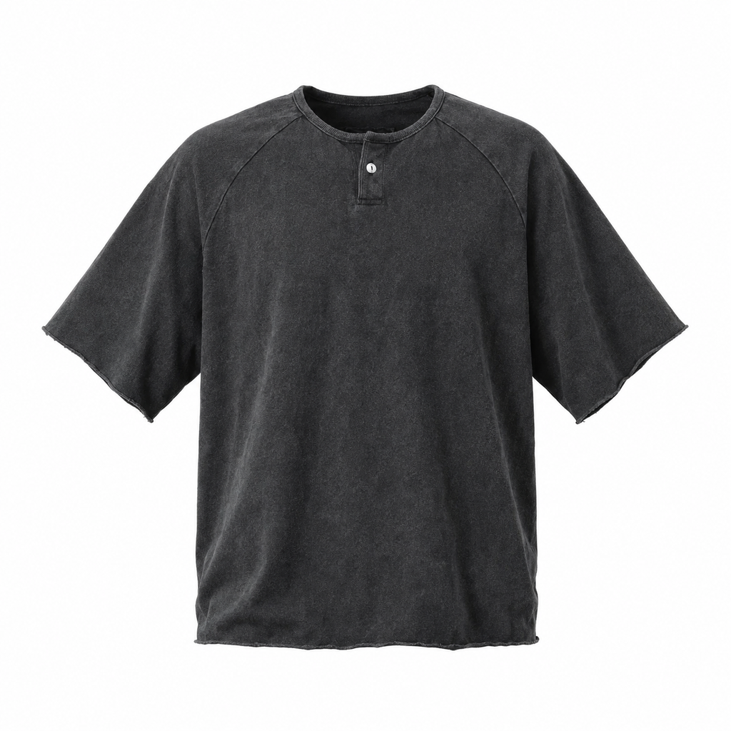 Washed black raglan henley tee, flat front view