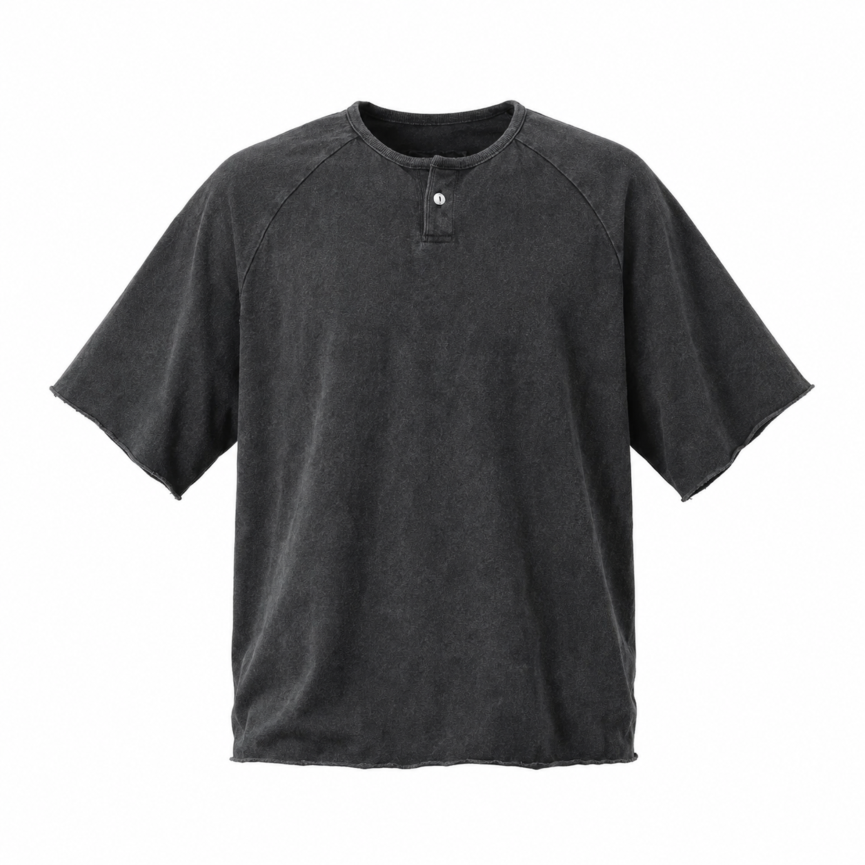 Washed black raglan henley tee, flat front view