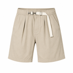 Apricot pleated men's shorts flat view with elastic waistband and webbing belt