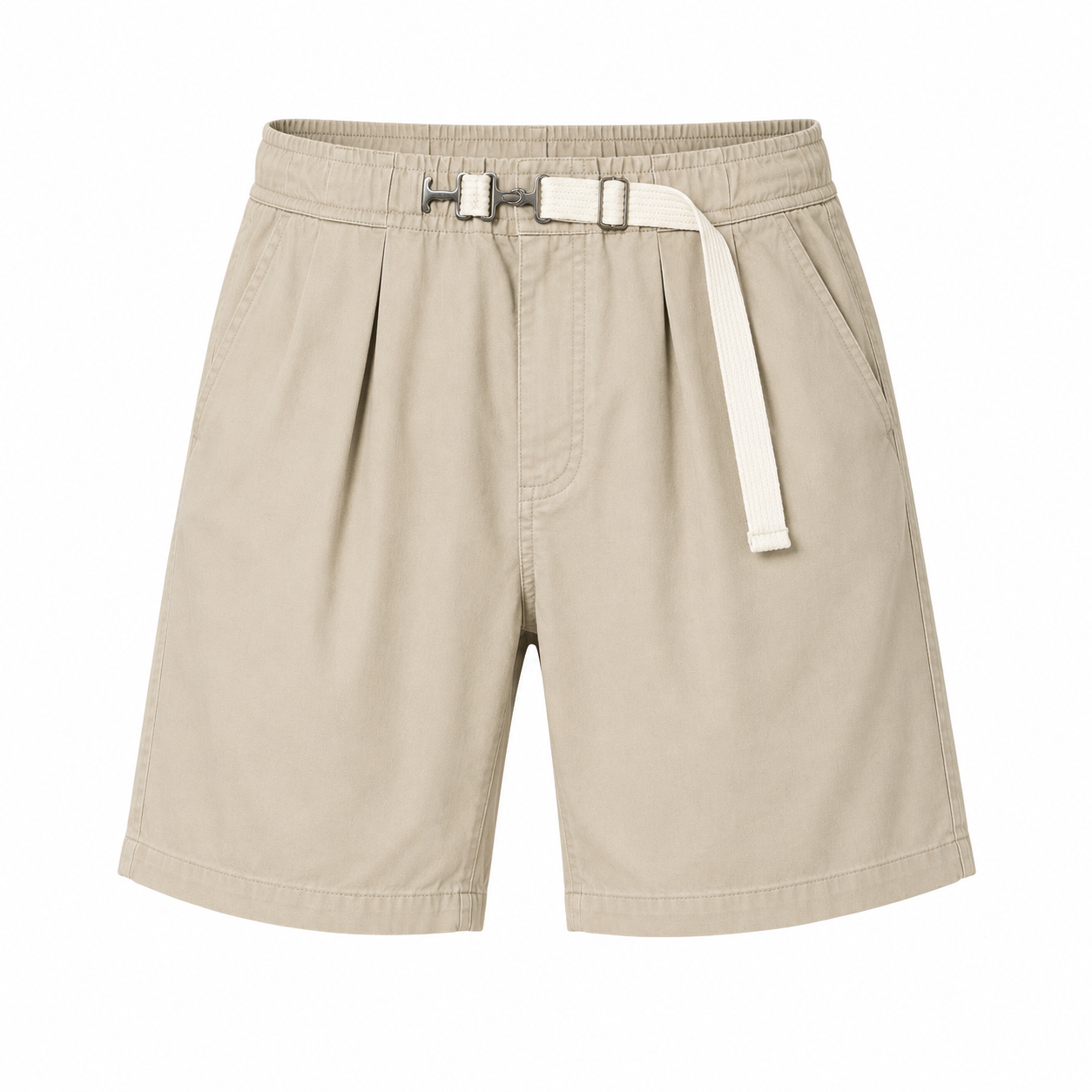 Apricot pleated men's shorts flat view with elastic waistband and webbing belt