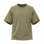 Washed olive raglan henley tee, flat front view