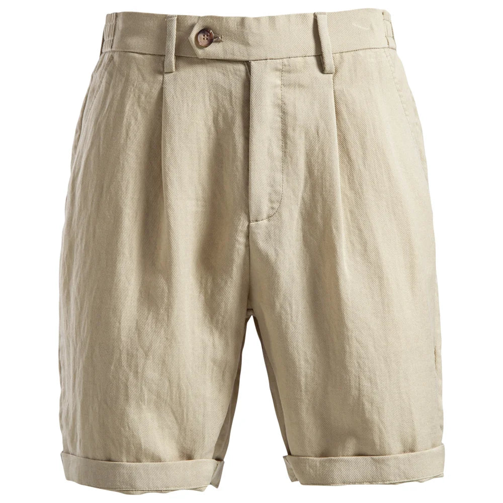 Sand khaki linen blend shorts flat front with tab waistband