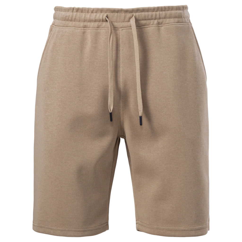 Tan lounge shorts flat front with elastic waist and drawcords