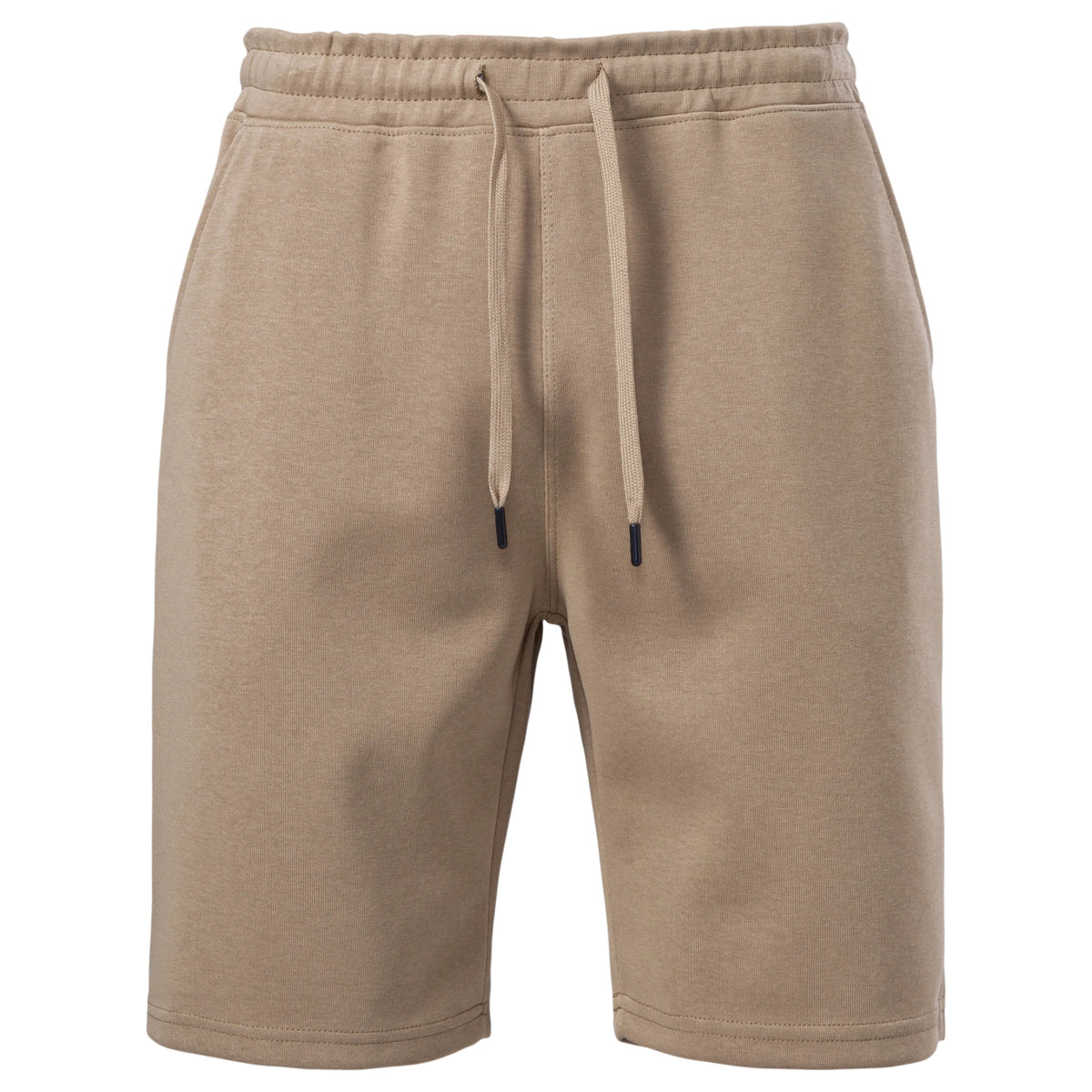 Tan lounge shorts flat front with elastic waist and drawcords