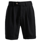 Black linen blend shorts flat front with pleats and cuffed hems