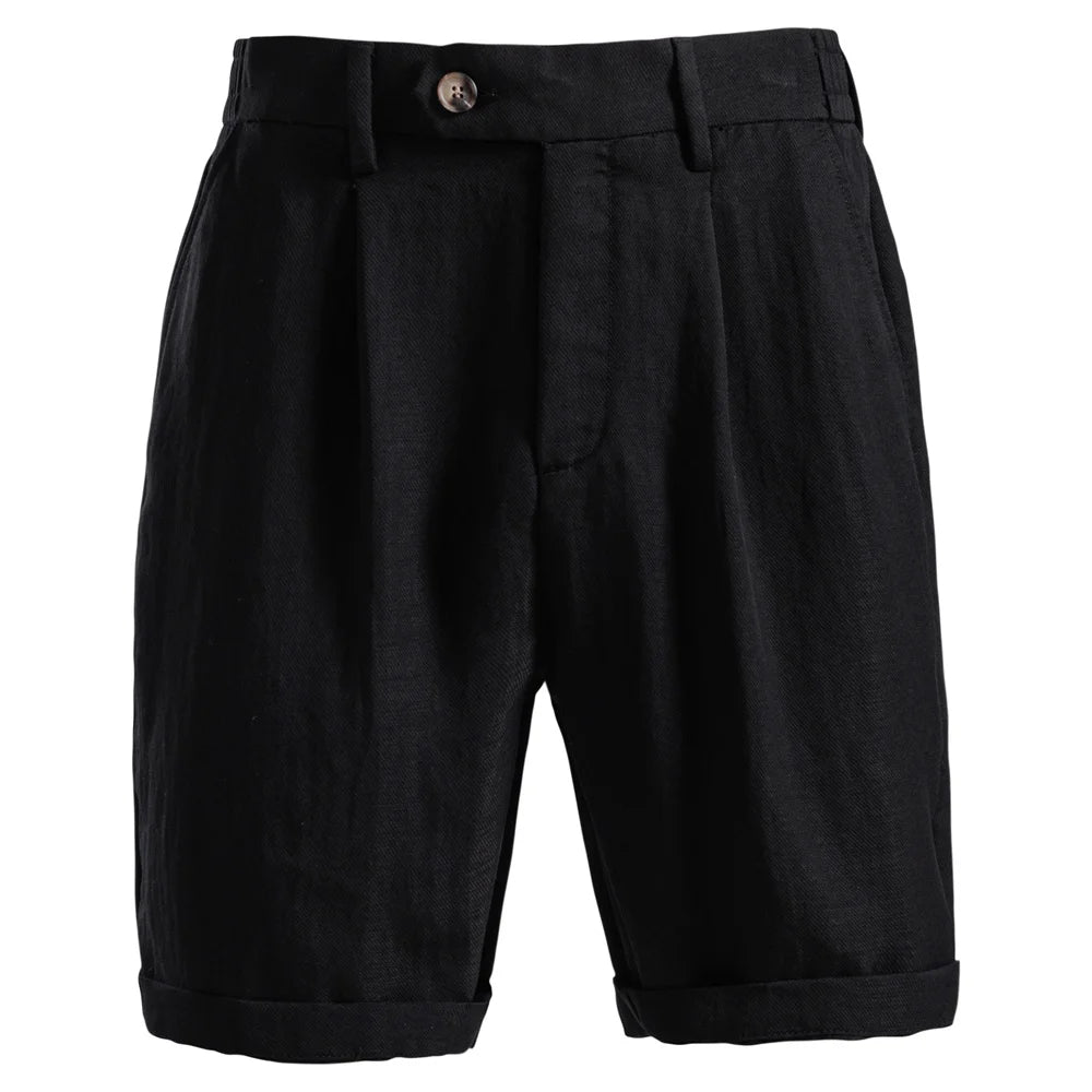 Black linen blend shorts flat front with pleats and cuffed hems