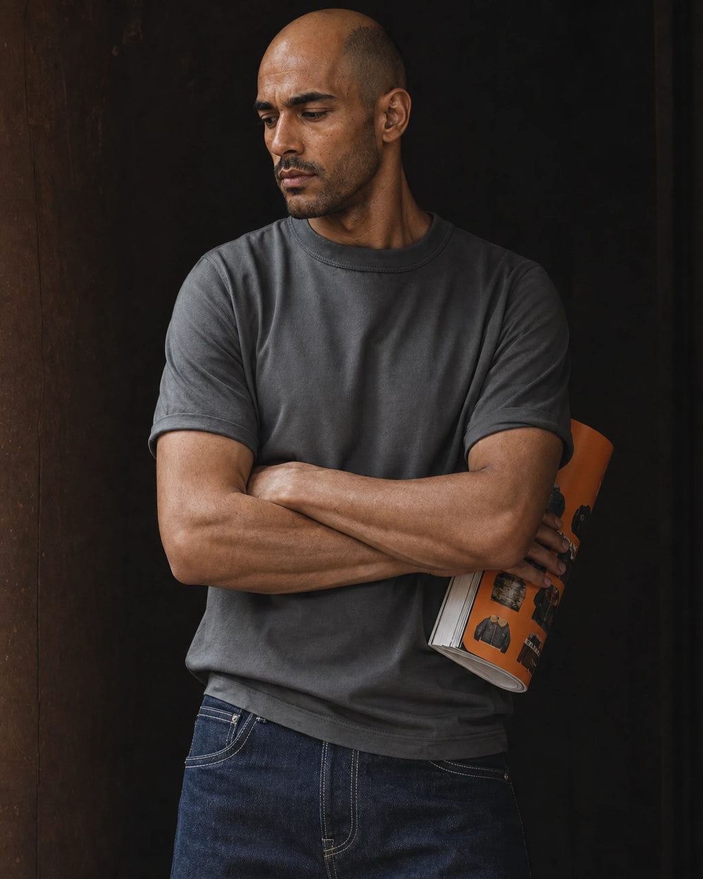 Man in the grey heavyweight cotton tee with arms crossed