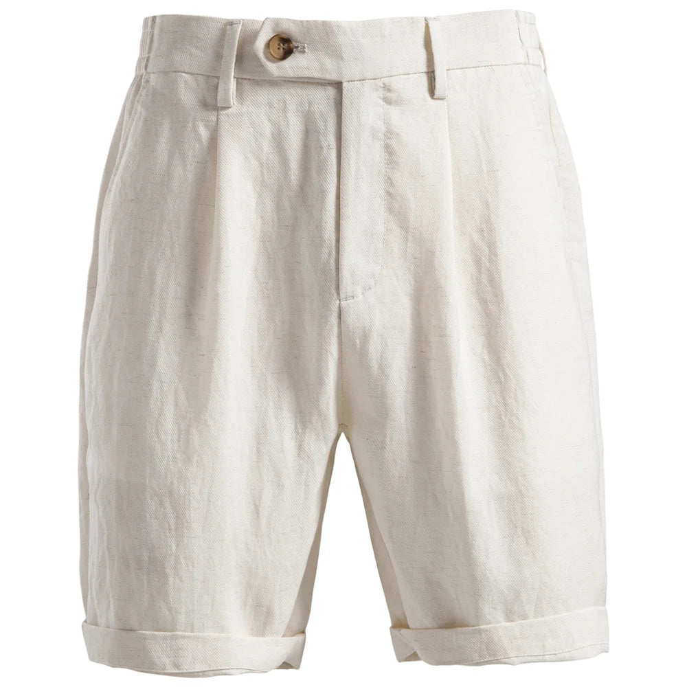 Off-white linen blend shorts flat front with pleats and horn button