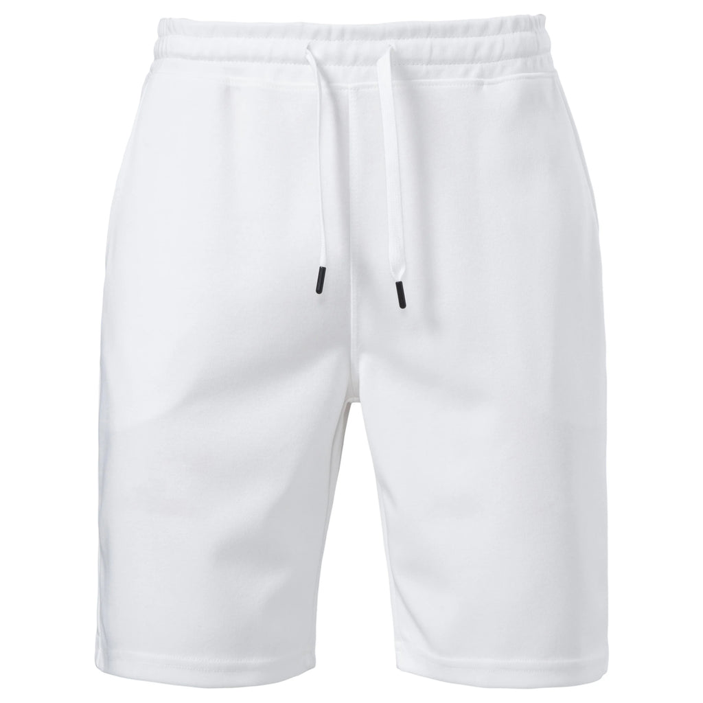 White lounge shorts flat front with black-tipped drawcords