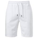 White lounge shorts flat front with black-tipped drawcords