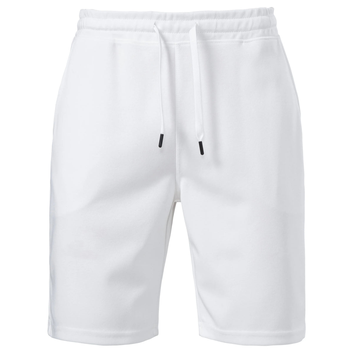 White lounge shorts flat front with black-tipped drawcords