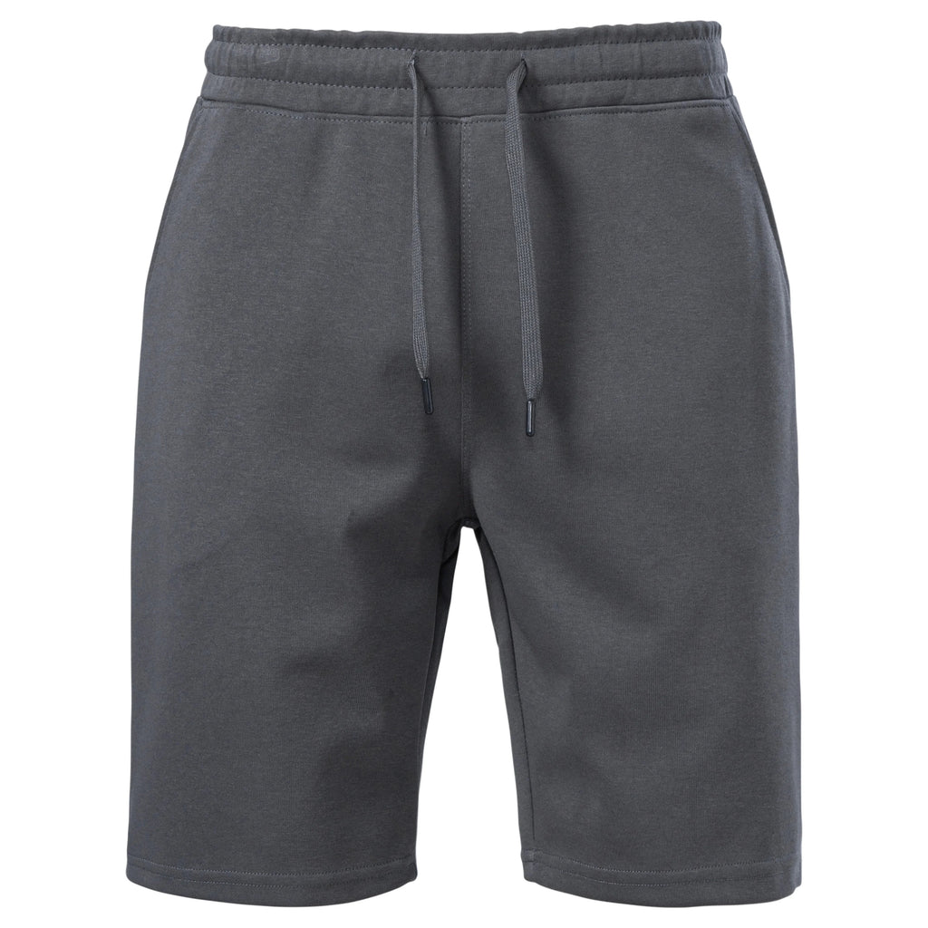 Dark gray lounge shorts flat front with elastic drawcord waist