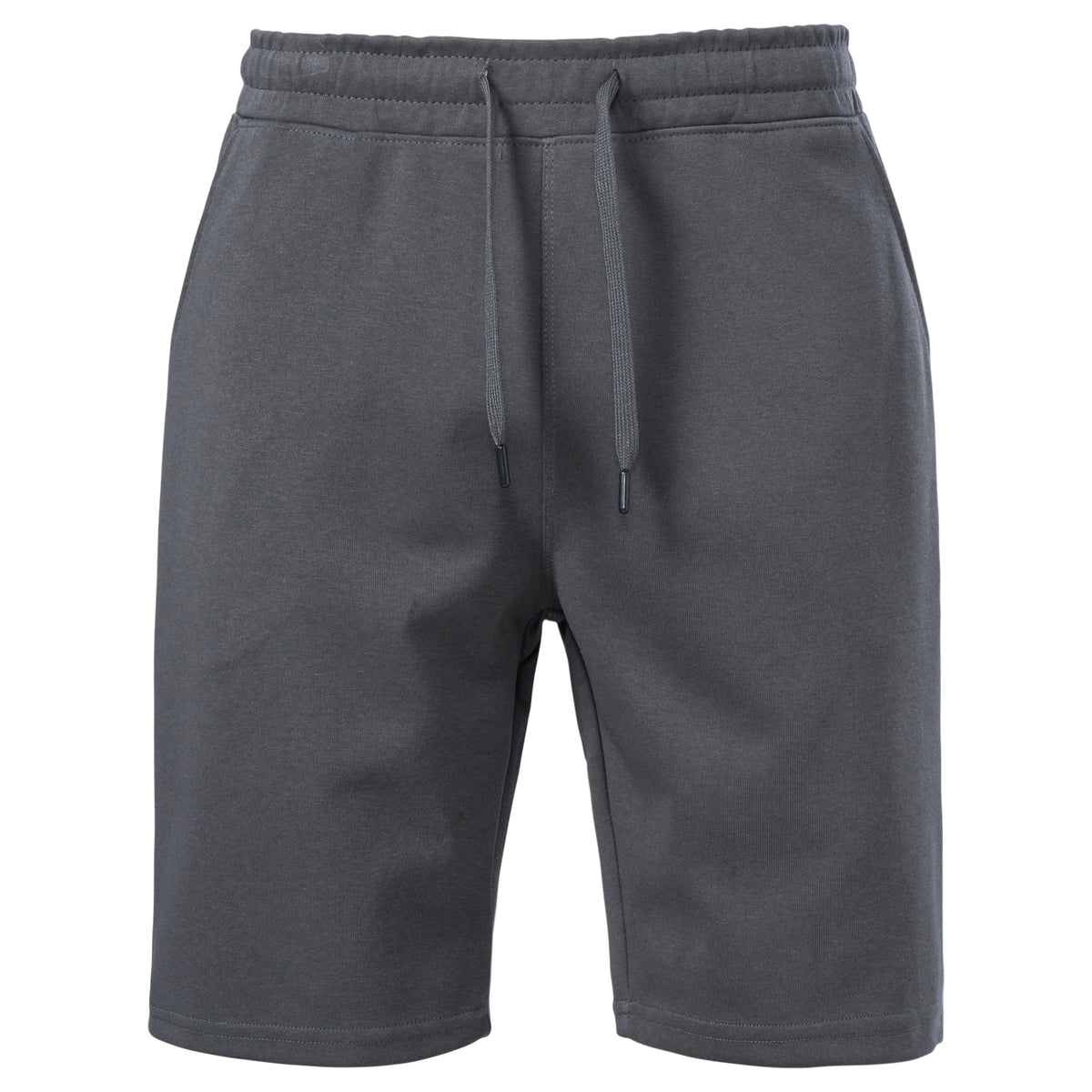 Dark gray lounge shorts flat front with elastic drawcord waist