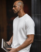 Man in the white heavyweight cotton t-shirt, side view