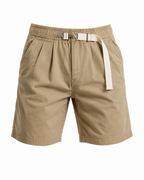 Khaki pleated men's shorts flat view showing elastic waistband, webbing belt and metal buckle