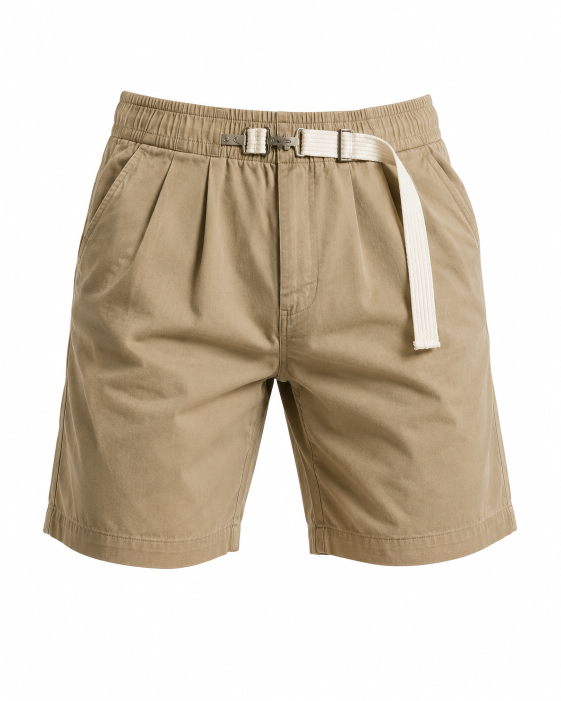 Khaki pleated men's shorts flat view showing elastic waistband, webbing belt and metal buckle