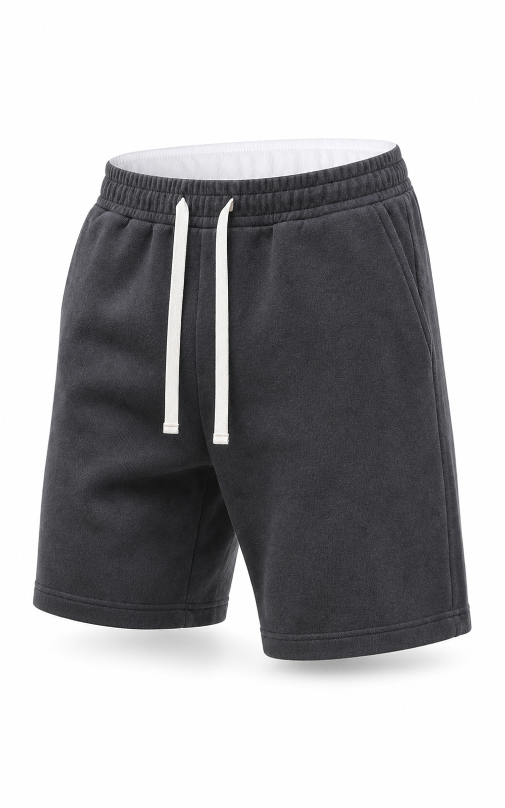 Washed charcoal heavyweight knit shorts flat view with white drawstring