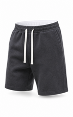 Washed charcoal heavyweight knit shorts flat view with white drawstring