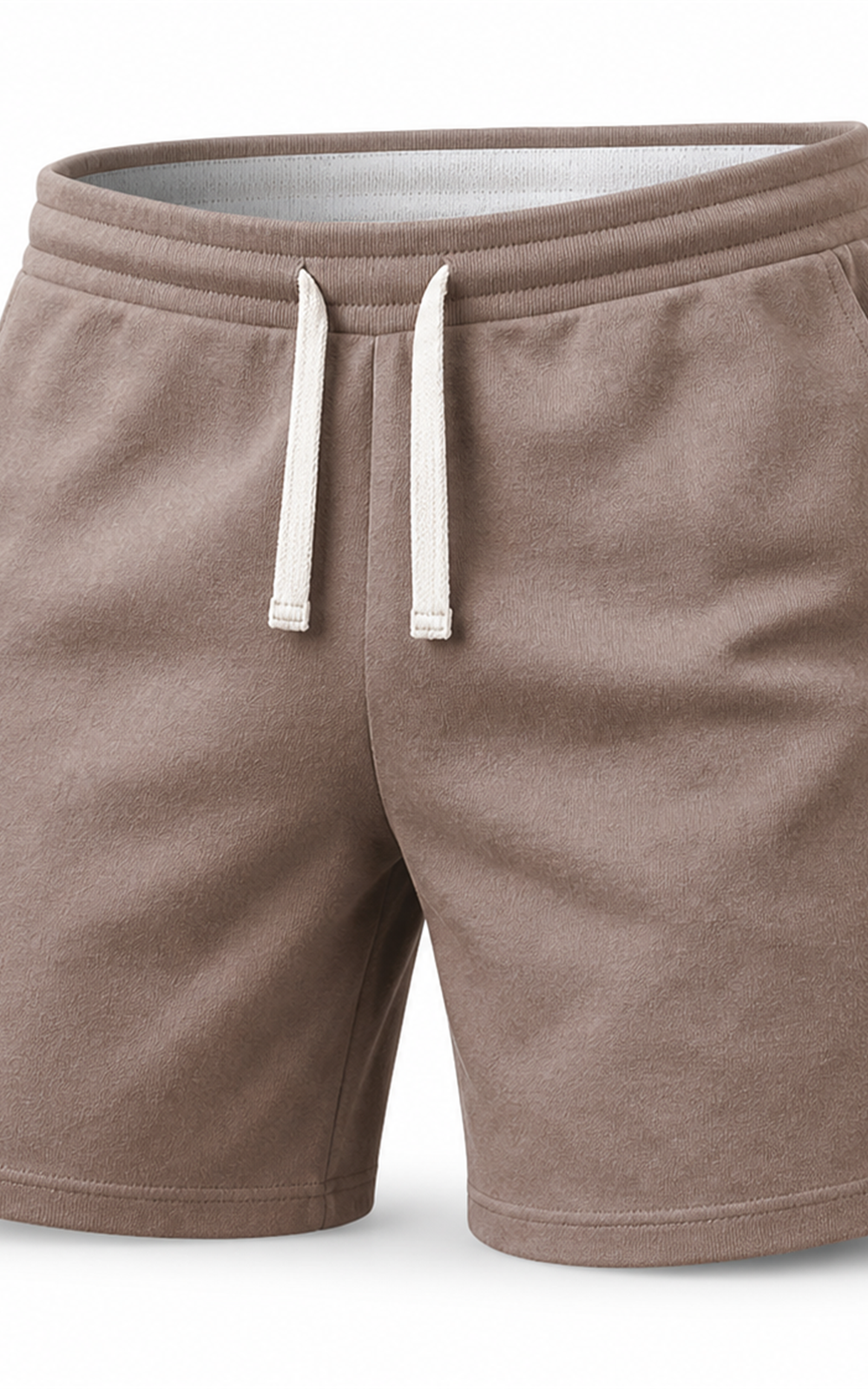 Close-up of taupe knit shorts ribbed waistband and flat drawstring