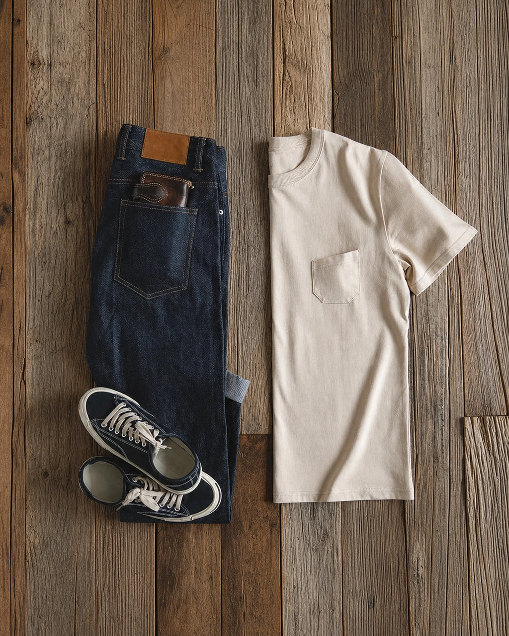 Flat lay of the pocket tee with jeans and sneakers