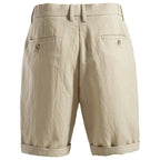 Back view of beige shorts with buttoned welt pockets and belt loops