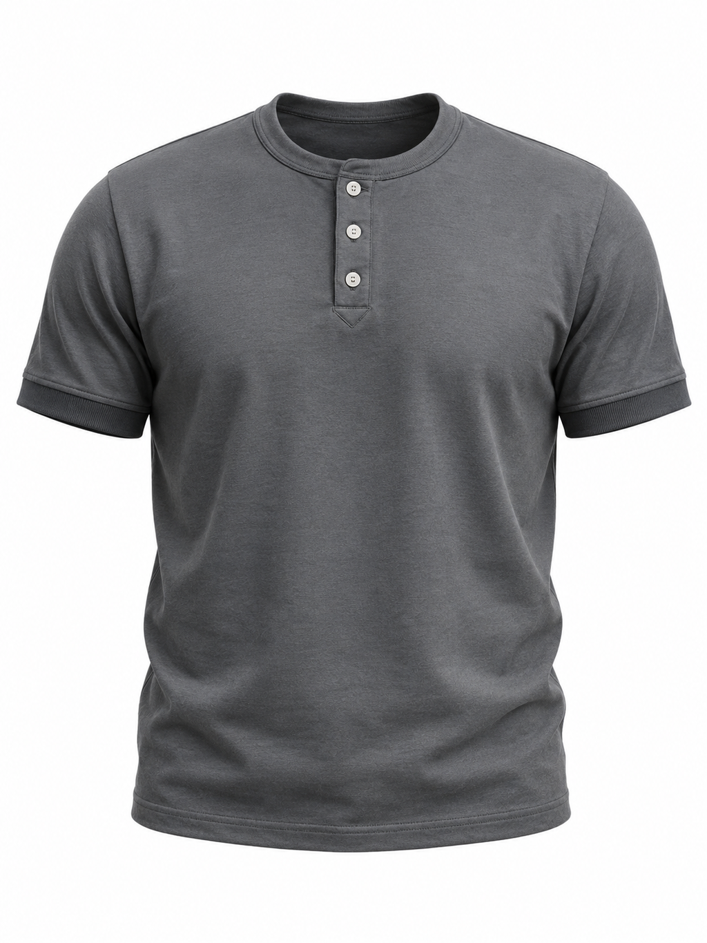 Cold gray men's henley t-shirt with banded cuffs, flat front view