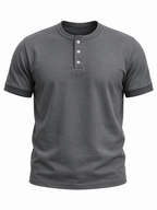 Cold gray men's henley t-shirt with banded cuffs, flat front view