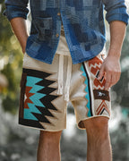 Tapestry knit shorts with indigo patchwork overshirt — front
