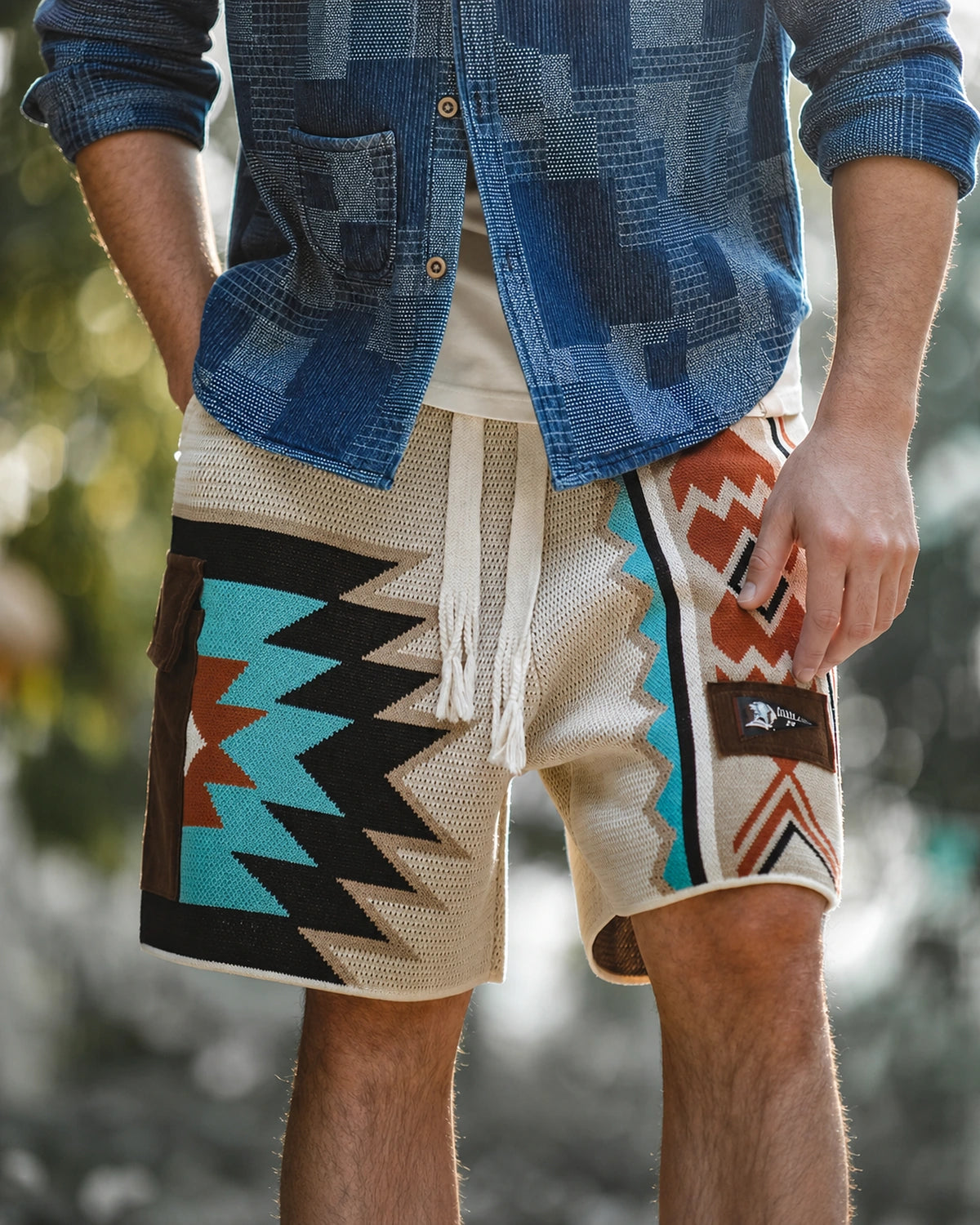 Tapestry knit shorts with indigo patchwork overshirt — front