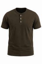 Military green men's henley t-shirt with banded cuffs, flat front view