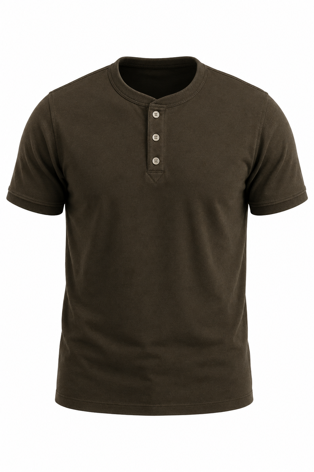 Military green men's henley t-shirt with banded cuffs, flat front view
